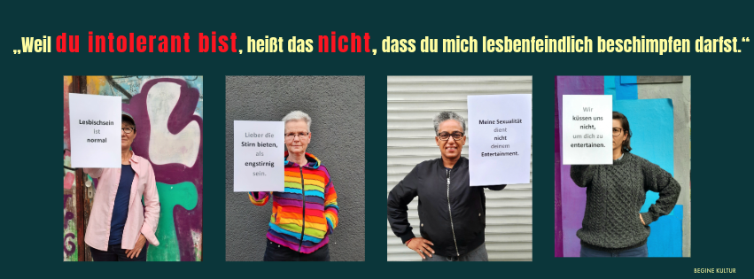 Ein Bild mit vier fotos von Frauen, die weißen, beschrifteten Zettel in Händen halten mit 