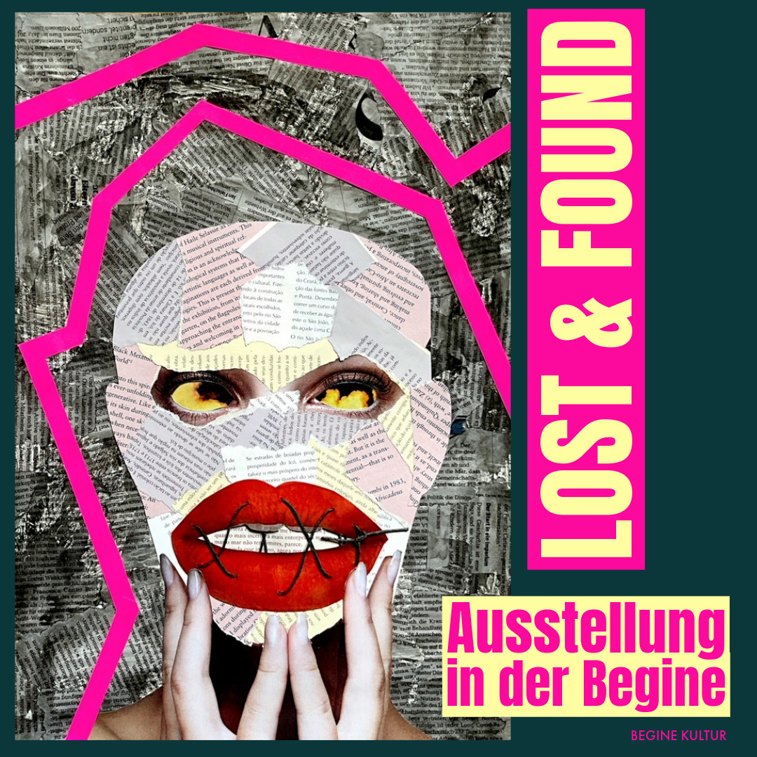 Ein Bild mit einer Gestalt mit augen und großen Lippen, die tzeilweise zugenäht sind. 